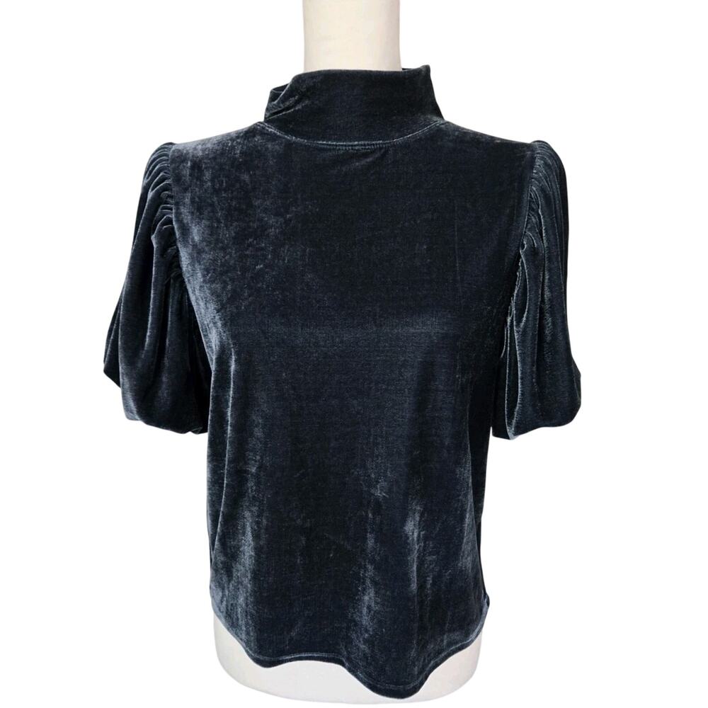 Whimsigoth Claudia Free People Velvet Mock Neck Velvet Blue Blouse Sz S